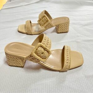 Ann Taylor Women's Tan Woven Straw Block Heel Sandals Chunky Nude With Buckle